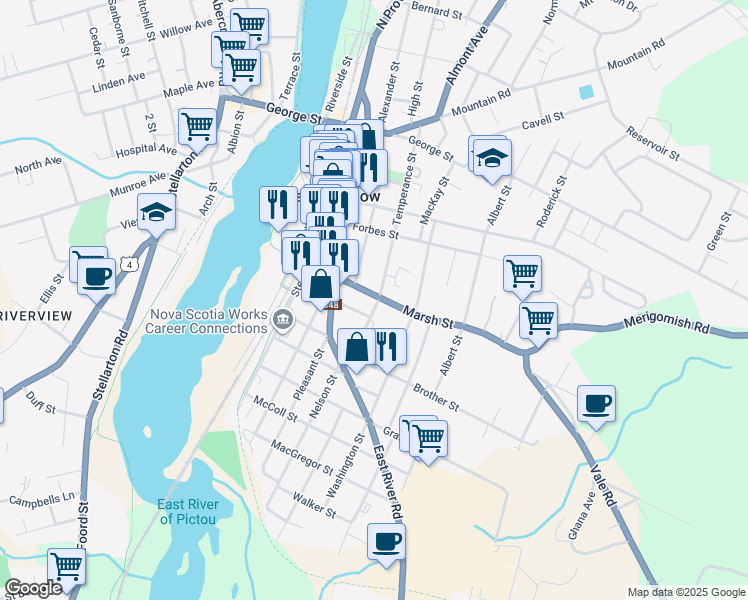 map of restaurants, bars, coffee shops, grocery stores, and more near 235 Marsh Street in New Glasgow