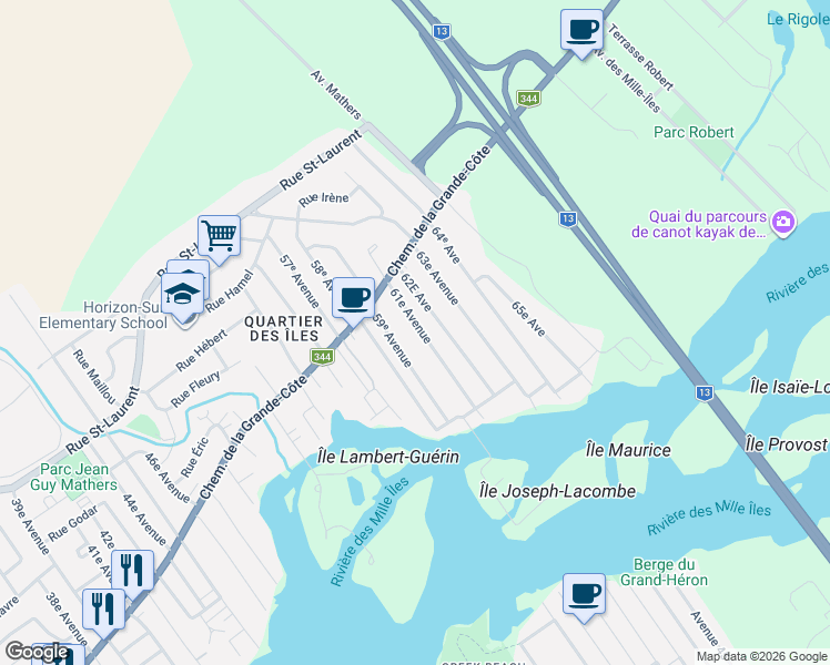 map of restaurants, bars, coffee shops, grocery stores, and more near 84 61e Avenue in Saint-Eustache