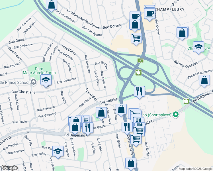 map of restaurants, bars, coffee shops, grocery stores, and more near 600 Rue Gemma in Laval