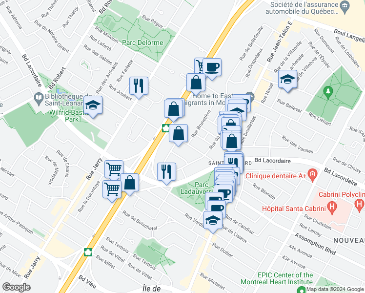 map of restaurants, bars, coffee shops, grocery stores, and more near 7700 Rue du Mans in Montréal