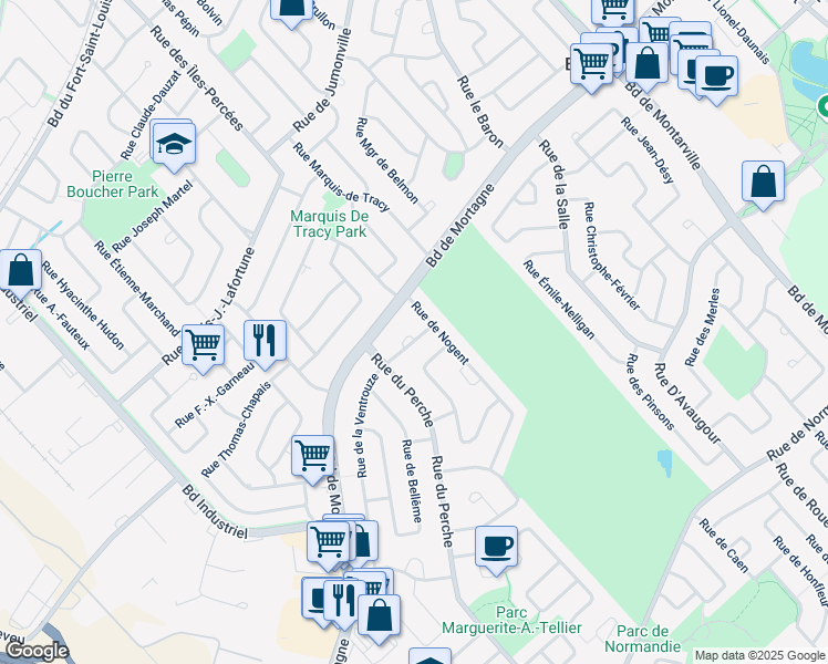 map of restaurants, bars, coffee shops, grocery stores, and more near 273 Rue de Manou in Boucherville