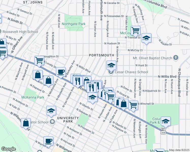 map of restaurants, bars, coffee shops, grocery stores, and more near 5264 North Willis Boulevard in Portland