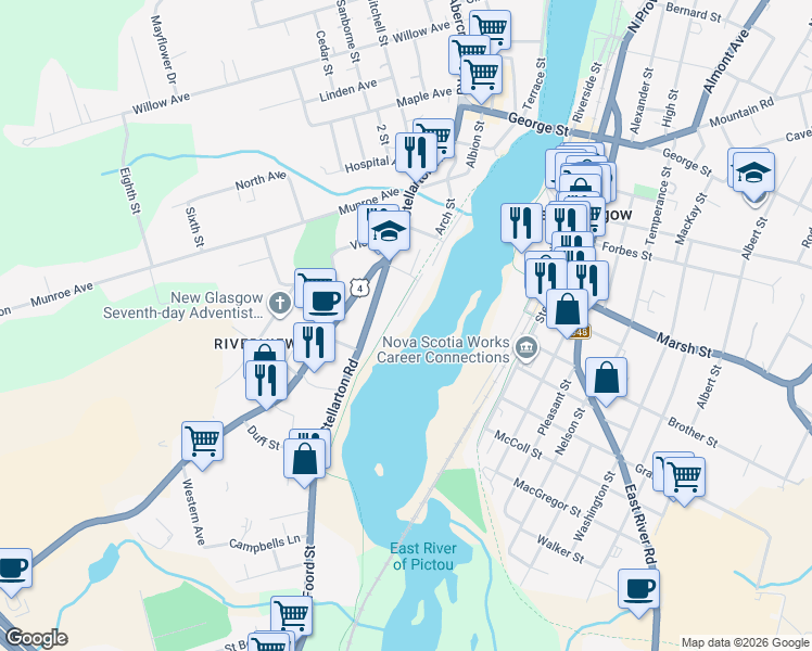 map of restaurants, bars, coffee shops, grocery stores, and more near 84 Warren Street in New Glasgow