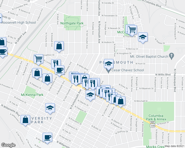 map of restaurants, bars, coffee shops, grocery stores, and more near 7827 North Gloucester Avenue in Portland