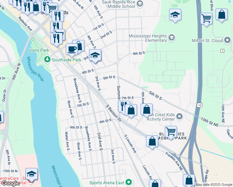 map of restaurants, bars, coffee shops, grocery stores, and more near 320 7th Street South in Sauk Rapids