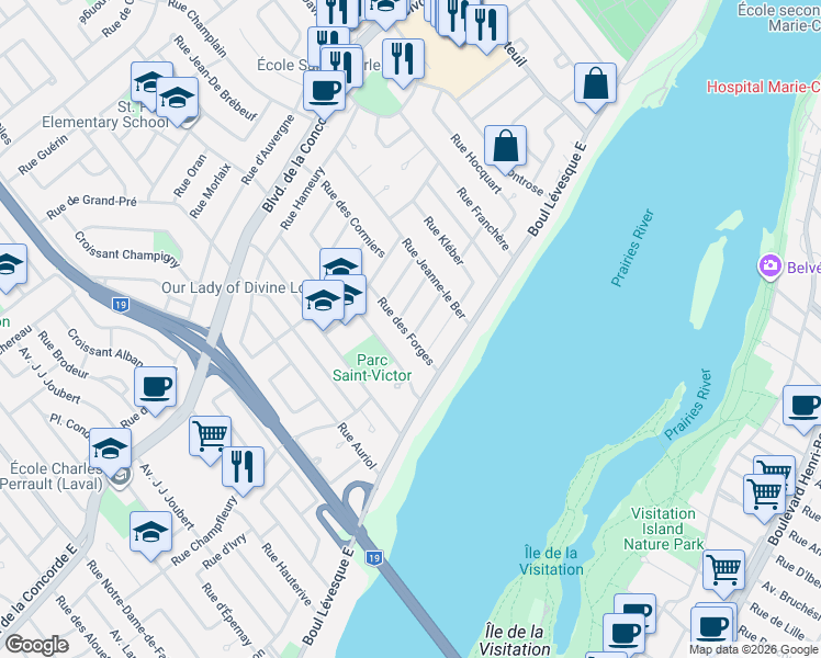 map of restaurants, bars, coffee shops, grocery stores, and more near 605 Rue des Forges in Laval