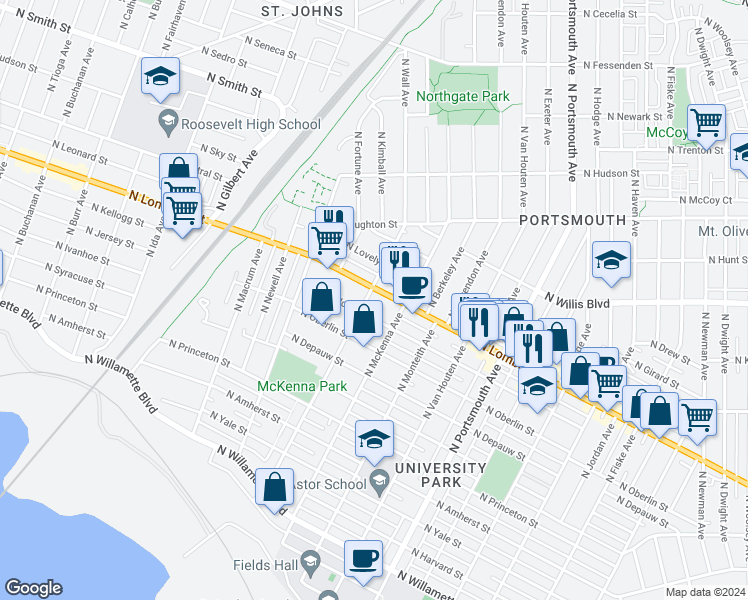 map of restaurants, bars, coffee shops, grocery stores, and more near 6030 North Lombard Street in Portland