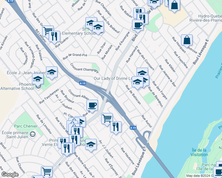 map of restaurants, bars, coffee shops, grocery stores, and more near 2230 Boulevard de la Concorde Est in Laval