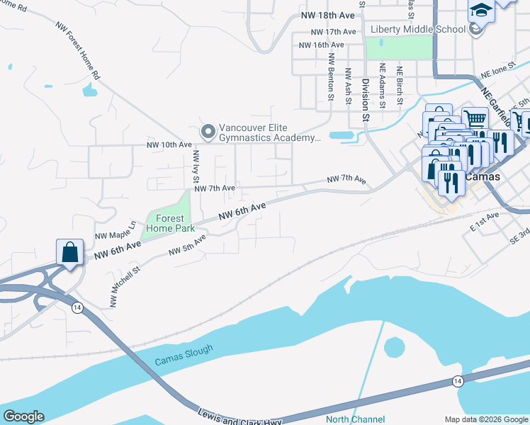 map of restaurants, bars, coffee shops, grocery stores, and more near 533 Northwest Elm Way in Camas