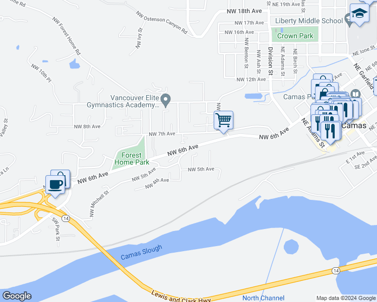 map of restaurants, bars, coffee shops, grocery stores, and more near 617 Northwest Fargo Street in Camas