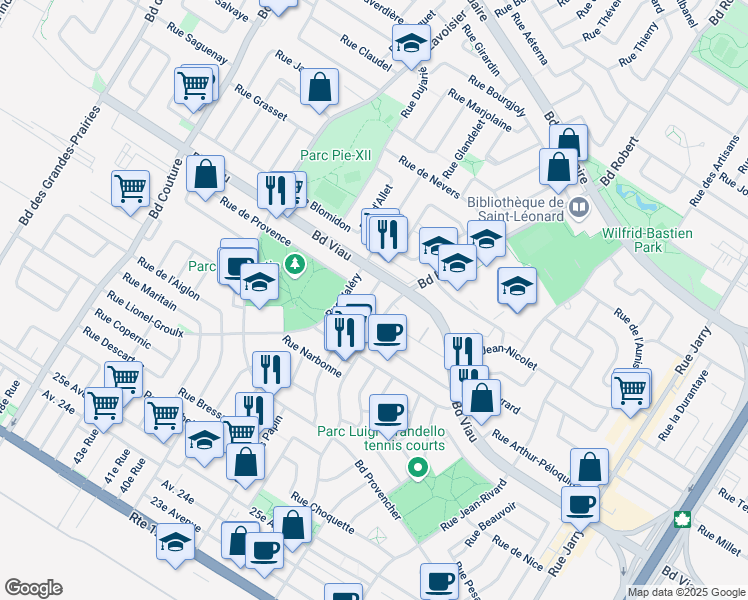 map of restaurants, bars, coffee shops, grocery stores, and more near 4910 Rue Perrier in Montréal