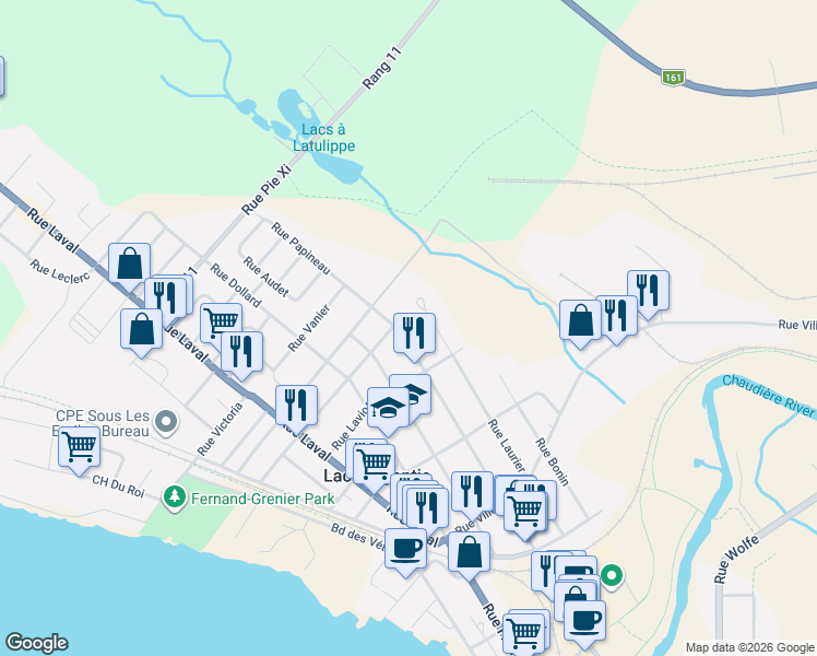 map of restaurants, bars, coffee shops, grocery stores, and more near 4522 Rue Papineau in Lac-Mégantic