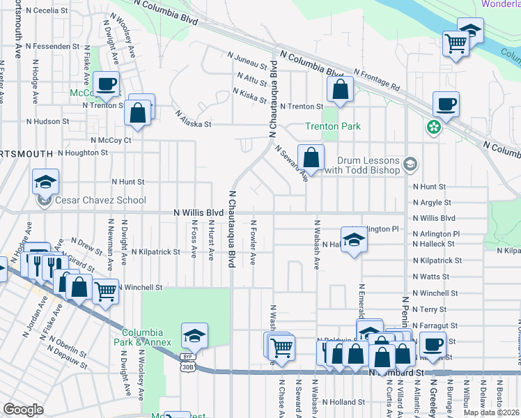 map of restaurants, bars, coffee shops, grocery stores, and more near 8306 North Fowler Avenue in Portland