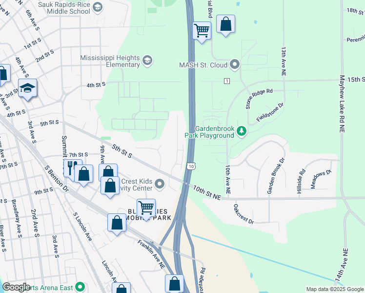 map of restaurants, bars, coffee shops, grocery stores, and more near 471 13th Avenue South in Sauk Rapids