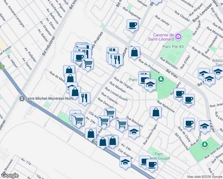 map of restaurants, bars, coffee shops, grocery stores, and more near 9097 Rue Lionel-Groulx in Montréal