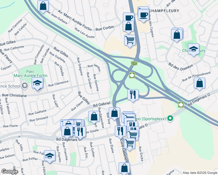 map of restaurants, bars, coffee shops, grocery stores, and more near 557 Rue Guillemette in Laval