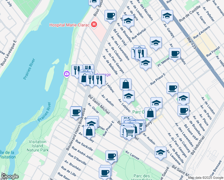 map of restaurants, bars, coffee shops, grocery stores, and more near 10738 Avenue Leblanc in Montreal