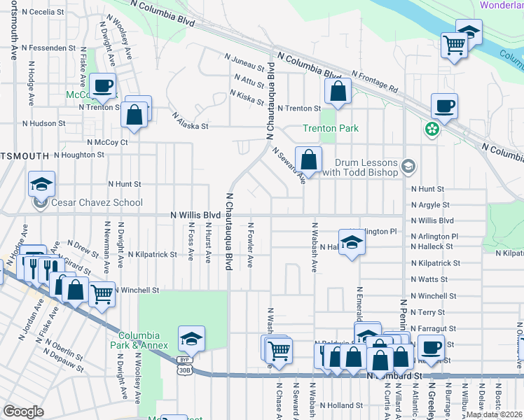 map of restaurants, bars, coffee shops, grocery stores, and more near 8306 North Fowler Avenue in Portland