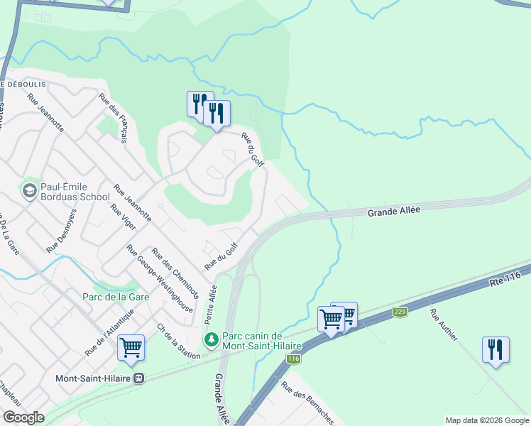 map of restaurants, bars, coffee shops, grocery stores, and more near 380 Rue du Golf in Mont-Saint-Hilaire