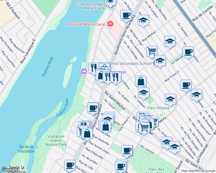 map of restaurants, bars, coffee shops, grocery stores, and more near 3250 Boulevard Henri-Bourassa Est in Montréal