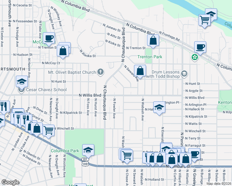 map of restaurants, bars, coffee shops, grocery stores, and more near 3855 North Willis Boulevard in Portland