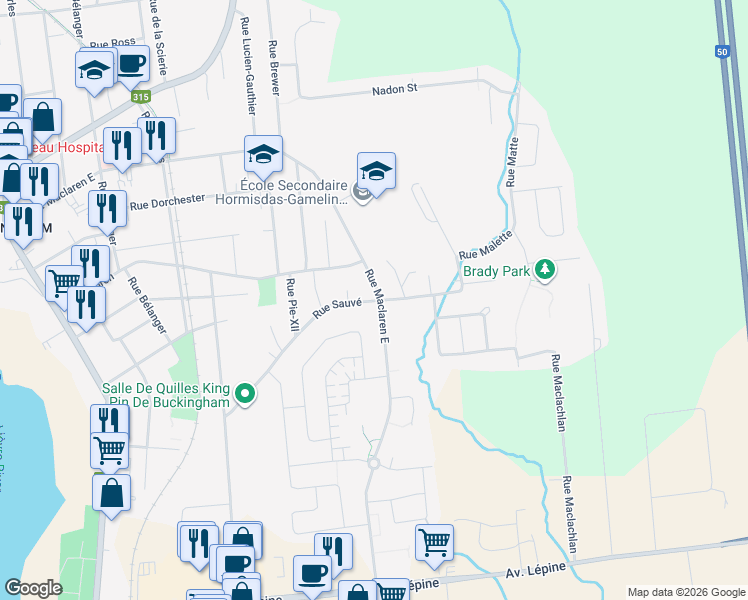 map of restaurants, bars, coffee shops, grocery stores, and more near 793 Rue Maclaren Est in Gatineau