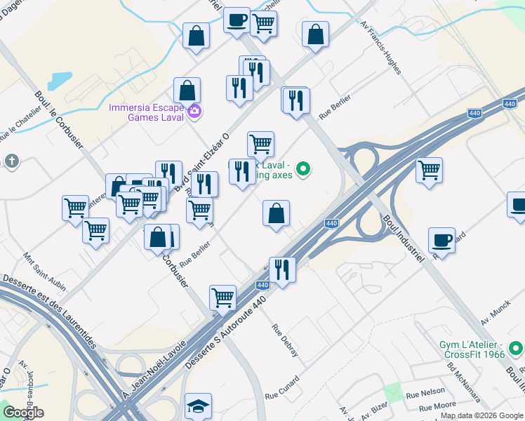 map of restaurants, bars, coffee shops, grocery stores, and more near 1412 Rue Berlier in Laval