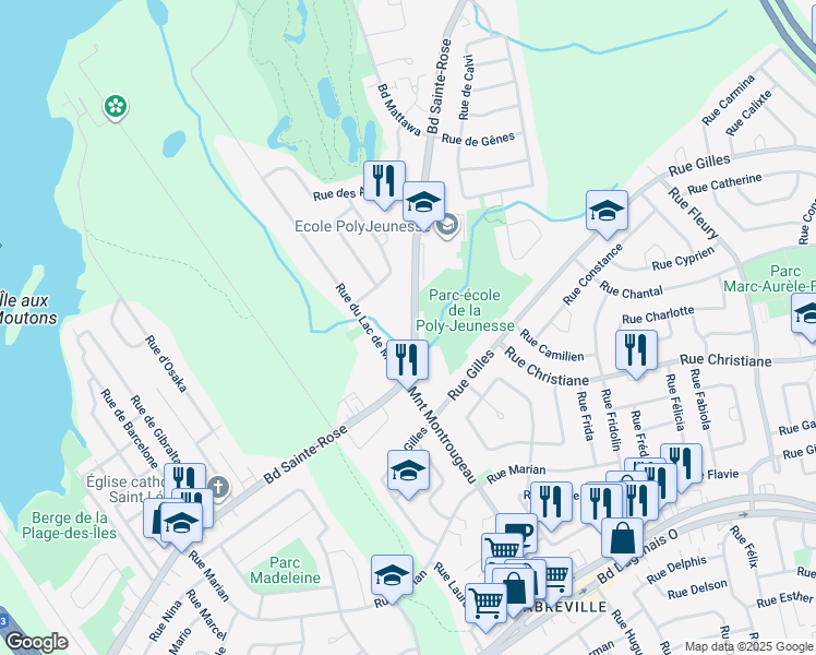 map of restaurants, bars, coffee shops, grocery stores, and more near 3611 Boulevard Sainte-Rose in Laval