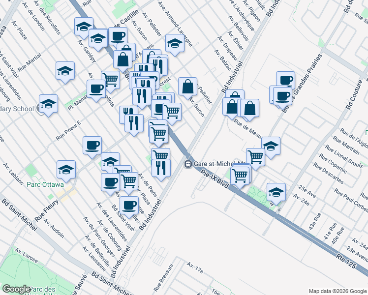 map of restaurants, bars, coffee shops, grocery stores, and more near in Montreal