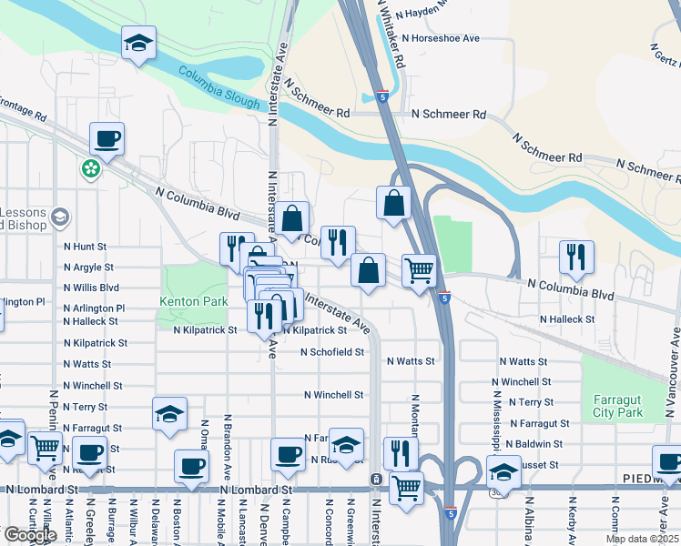 map of restaurants, bars, coffee shops, grocery stores, and more near 1635 North Columbia Boulevard in Portland