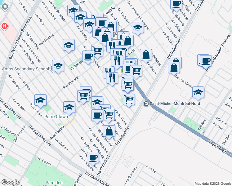 map of restaurants, bars, coffee shops, grocery stores, and more near 10260 Avenue des Récollets in Montréal