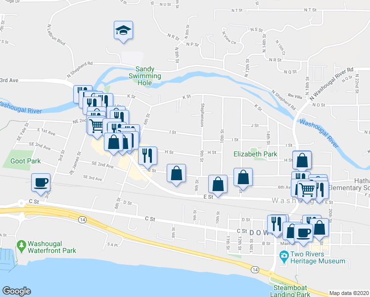 map of restaurants, bars, coffee shops, grocery stores, and more near 782 I Street in Washougal