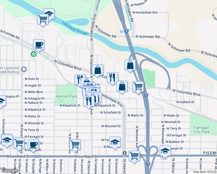 map of restaurants, bars, coffee shops, grocery stores, and more near 1810 North Columbia Boulevard in Portland