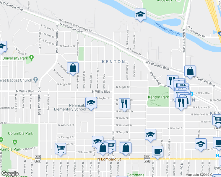 map of restaurants, bars, coffee shops, grocery stores, and more near 8538 North Peninsular Avenue in Portland