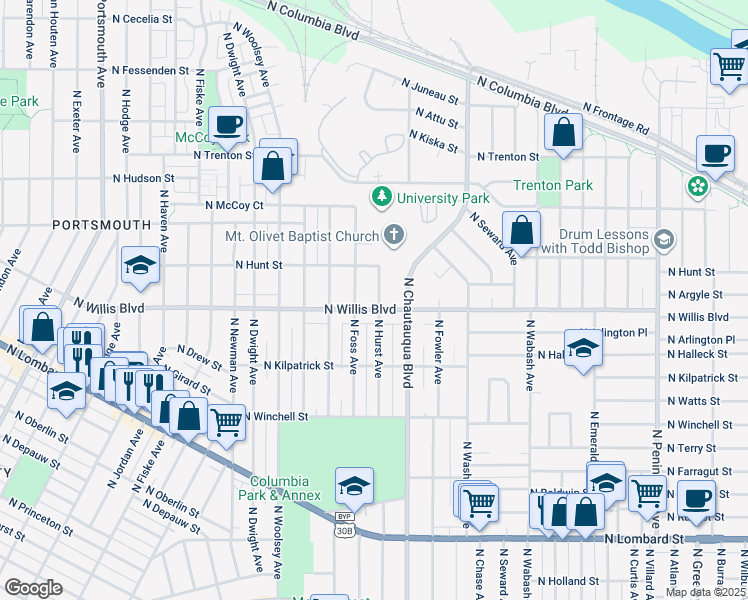 map of restaurants, bars, coffee shops, grocery stores, and more near 8609 North Hurst Avenue in Portland