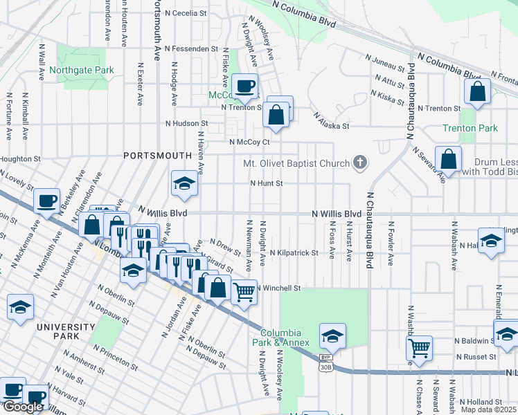 map of restaurants, bars, coffee shops, grocery stores, and more near 8615 North Dwight Avenue in Portland
