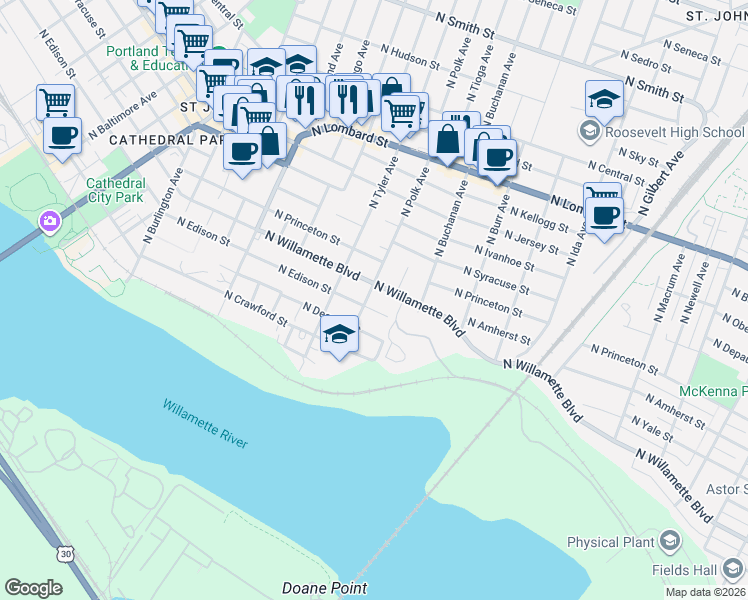 map of restaurants, bars, coffee shops, grocery stores, and more near 7721 North Willamette Boulevard in Portland