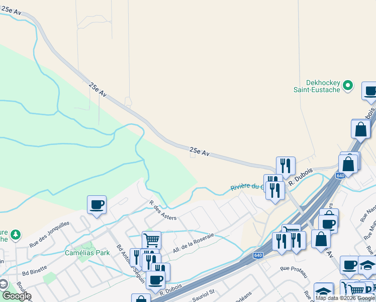 map of restaurants, bars, coffee shops, grocery stores, and more near 534 25e Avenue in Saint-Eustache