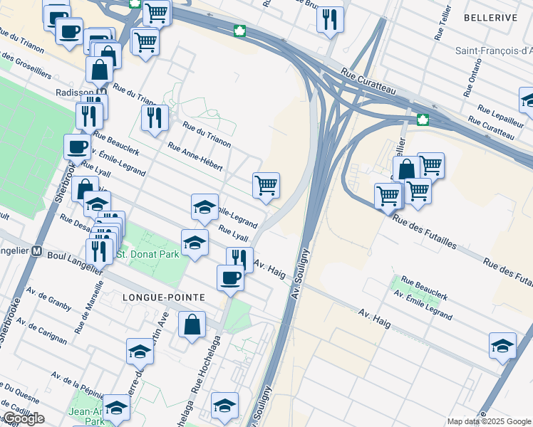 map of restaurants, bars, coffee shops, grocery stores, and more near Rue Beauclerk in Montréal