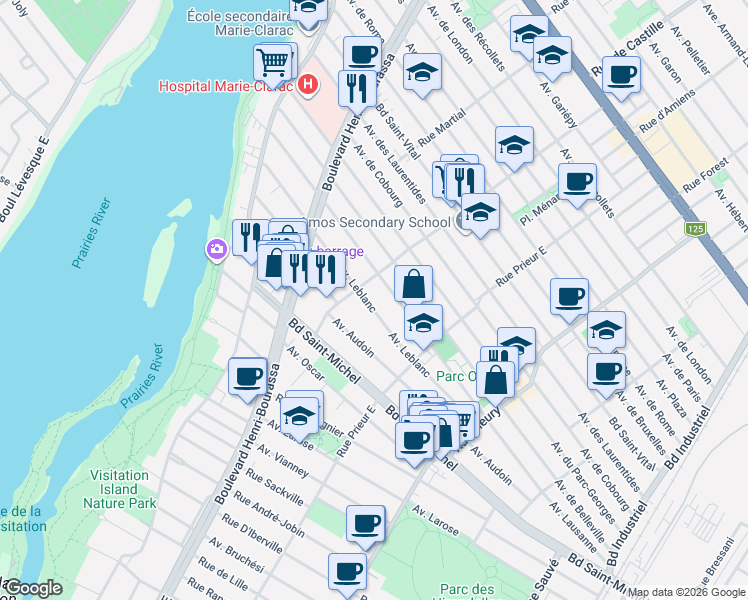 map of restaurants, bars, coffee shops, grocery stores, and more near 10741 Avenue Leblanc in Montréal
