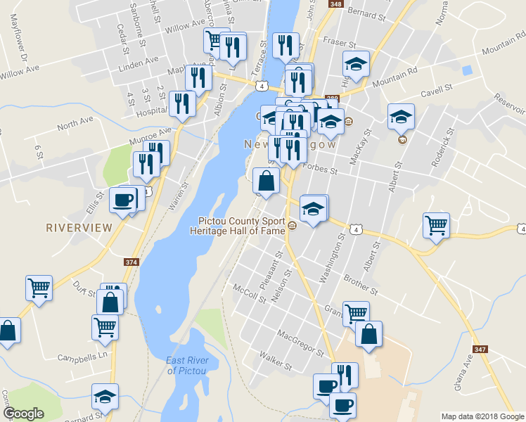 map of restaurants, bars, coffee shops, grocery stores, and more near Victoria Street in New Glasgow