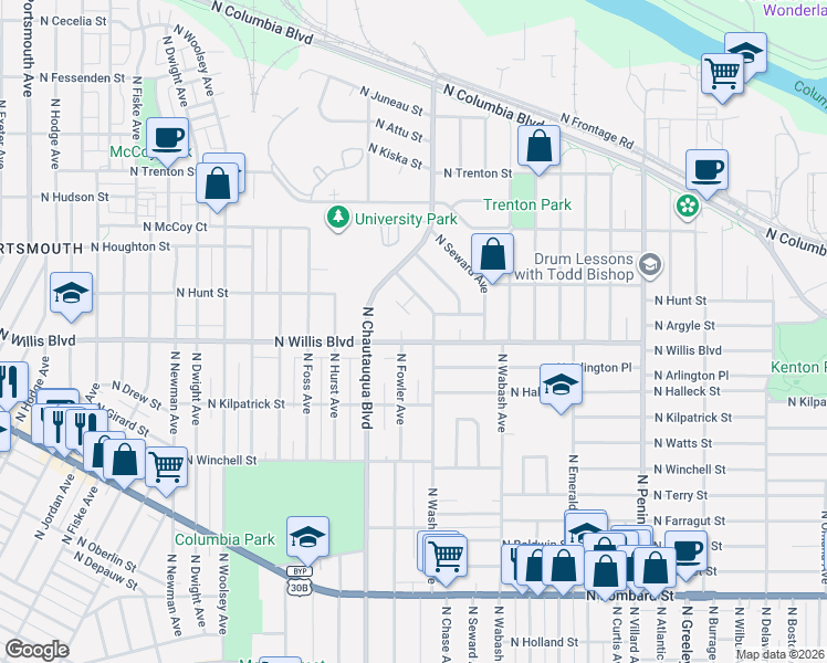 map of restaurants, bars, coffee shops, grocery stores, and more near 3855 North Willis Boulevard in Portland