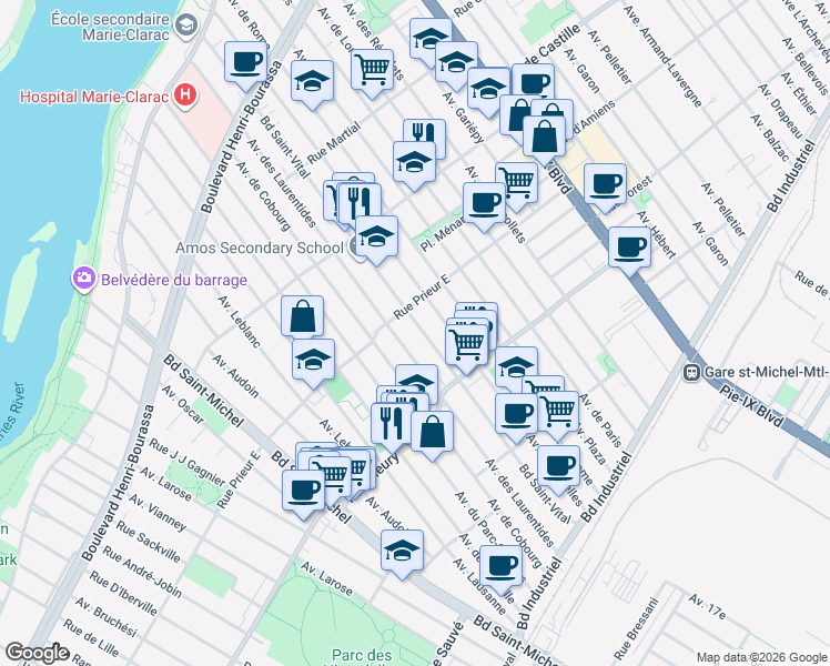 map of restaurants, bars, coffee shops, grocery stores, and more near 10492 Boulevard Saint-Vital in Montréal