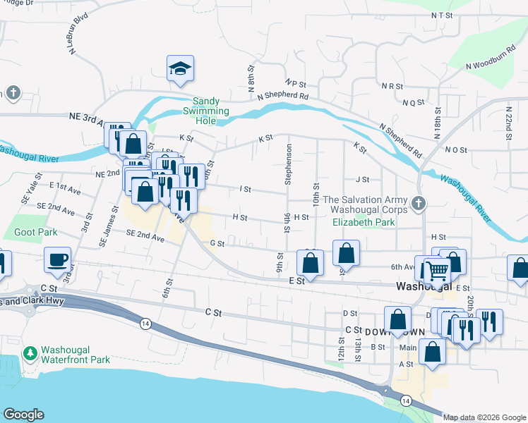 map of restaurants, bars, coffee shops, grocery stores, and more near 831 H Street in Washougal