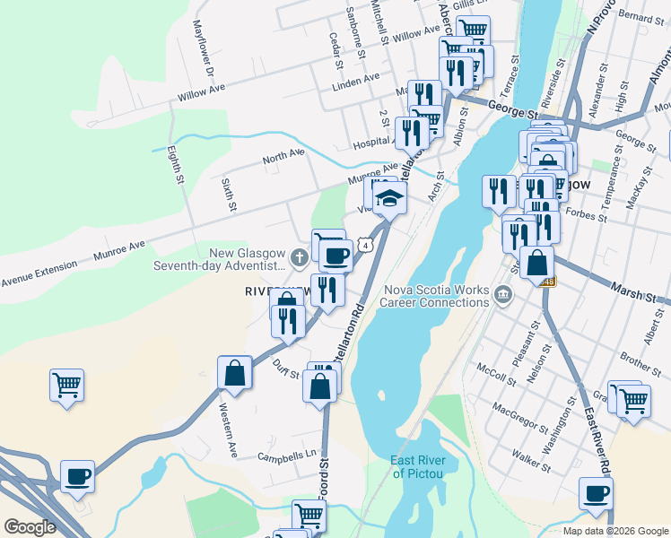 map of restaurants, bars, coffee shops, grocery stores, and more near 141 Westville Road in New Glasgow