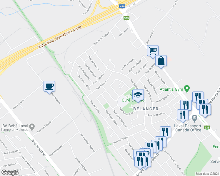 map of restaurants, bars, coffee shops, grocery stores, and more near 2345 Rue de Melbourne in Laval