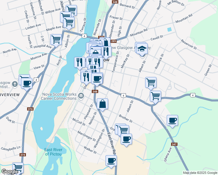map of restaurants, bars, coffee shops, grocery stores, and more near 281 Temperance Street in New Glasgow