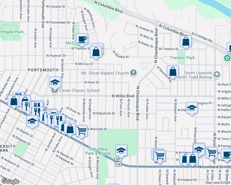 map of restaurants, bars, coffee shops, grocery stores, and more near 8502 North Wayland Avenue in Portland