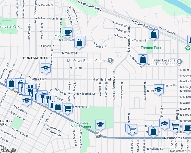 map of restaurants, bars, coffee shops, grocery stores, and more near 8502 North Wayland Avenue in Portland
