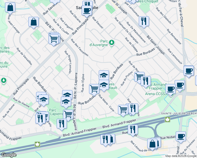 map of restaurants, bars, coffee shops, grocery stores, and more near 426 Rue Pierre-De Coubertin in Sainte-Julie